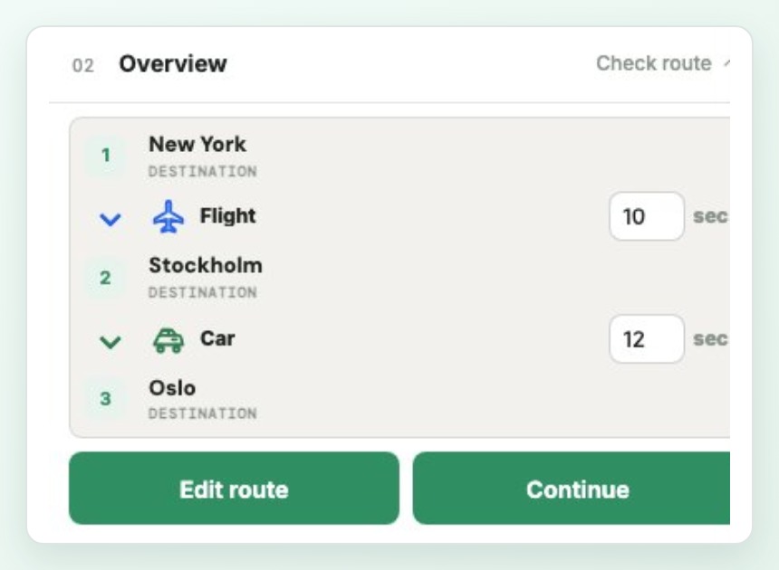 DDD Maps Travel editor overview panel with flight and car segments plus duration controls
