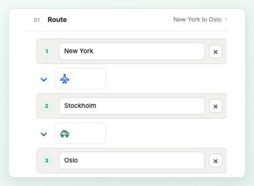 DDD Maps Travel editor route panel with New York, Stockholm, and Oslo destinations