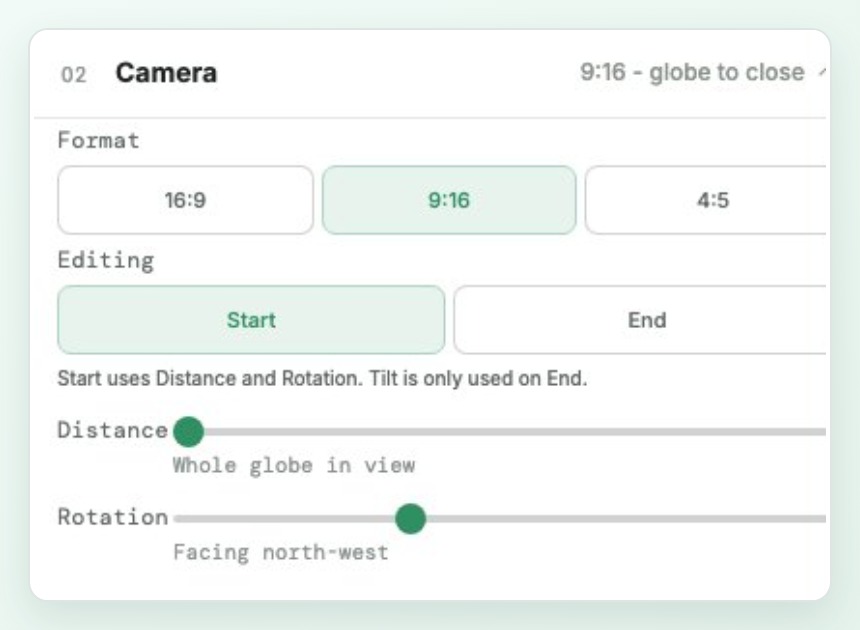 DDD Maps Zoom editor camera panel with format and start camera controls